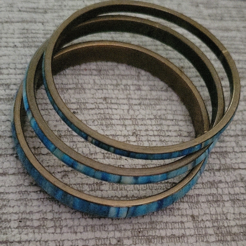 Vintage Boho Brass Inlay Tealwood Blue Bangle Bracelet Set of 3 - Picture 9 of 10